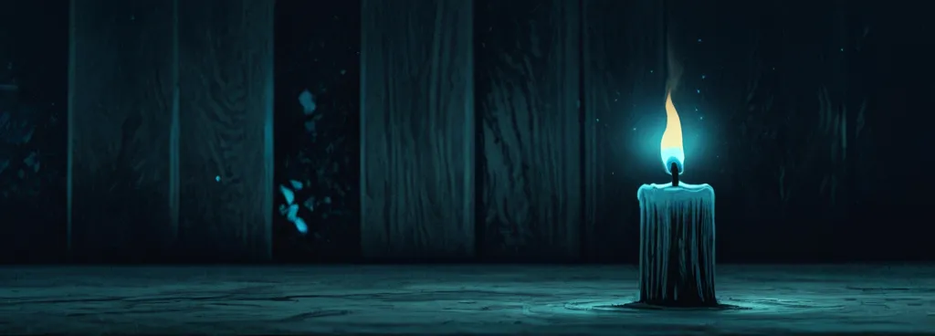 A single tiny candle flame flickering in a vast dark room