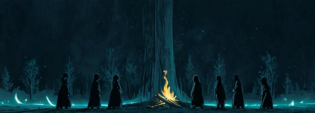 Figures gathered around a bonfire in the dark