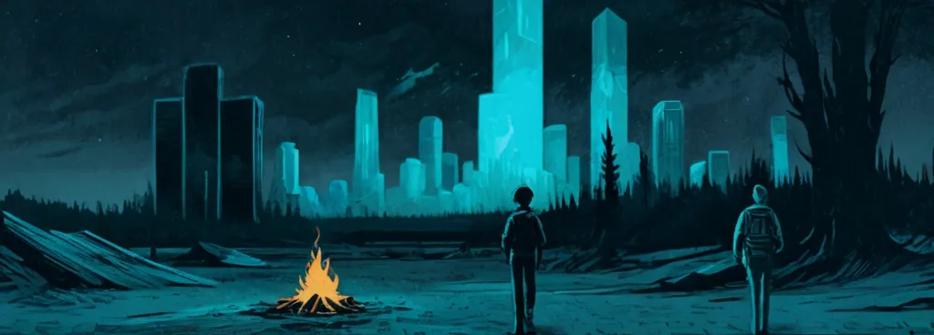 Luminous figures walking away from a warm campfire toward cold darkness