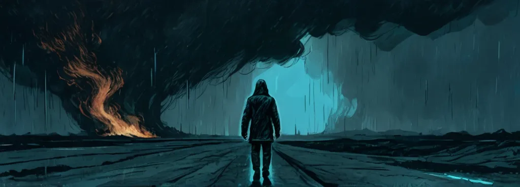 A single determined figure walking forward through wind and rain